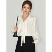 NEVA 女气质优雅系带宽松衬衣 缎面感不对称飘带衬衫 浪漫时区