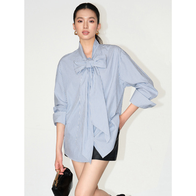 蓝色条纹长袖衬衫女蝴蝶结上衣