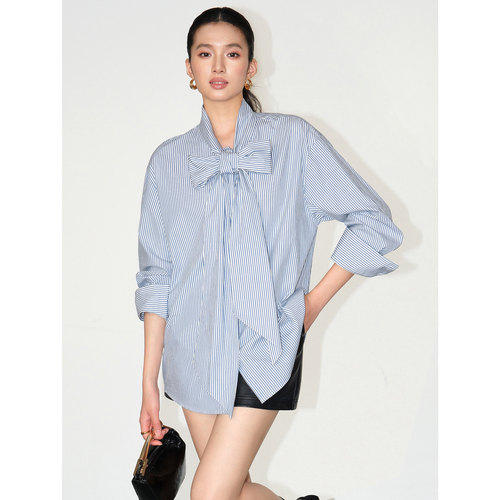 蓝色条纹长袖衬衫女蝴蝶结上衣