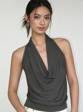 NEVA HU 荡领挂脖吊带背心女纯欲性感辣妹露背气质无袖针织上衣