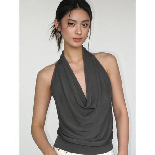 NEVA HU 荡领挂脖吊带背心女纯欲性感辣妹露背气质无袖针织上衣