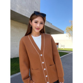 NEVA 气质V领撞色边毛衣外套女慵懒宽松休闲针织开衫 雅痞高智