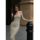 现货7折 方领带胸垫长袖 NEVA 针织连衣裙女修身 气质包臀长裙