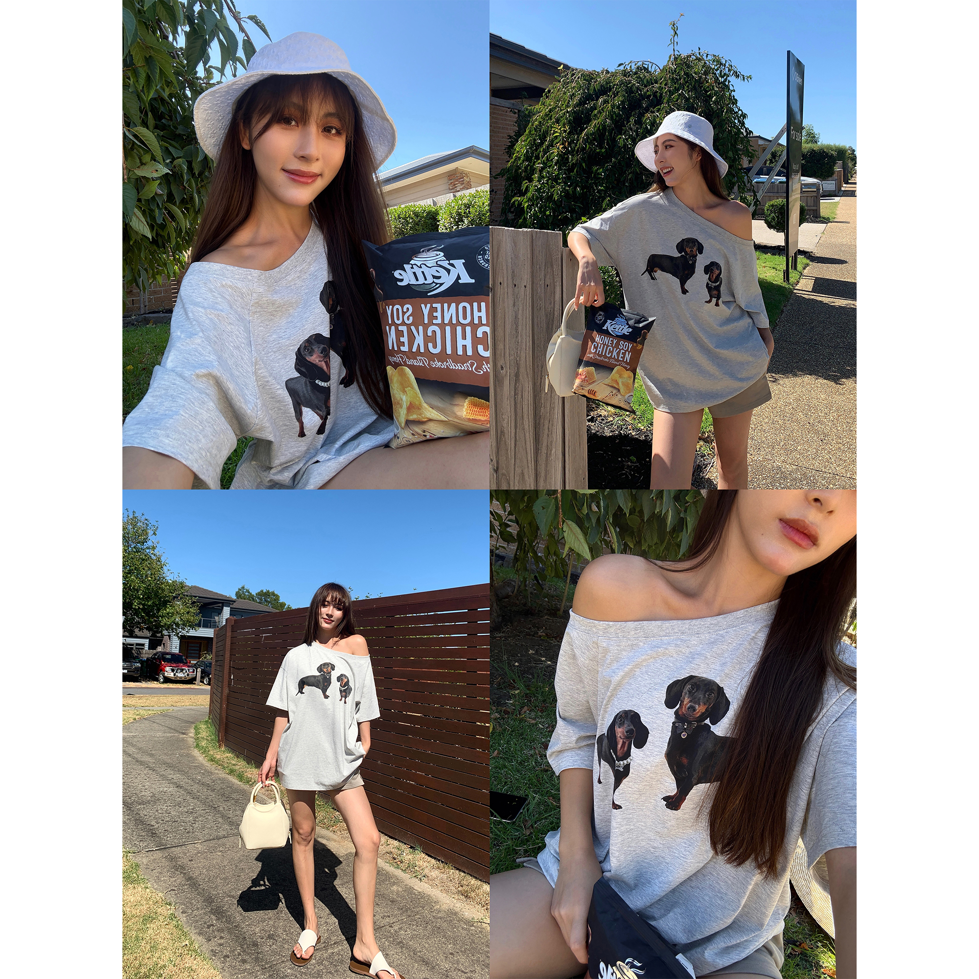 NEVA HU 趣味小狗 斜肩印花短袖t恤女夏季宽松休闲露肩纯棉上衣