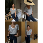 条纹U领短袖 t恤女春夏新款 NEVA 宽松韩版 百搭休闲v领上衣