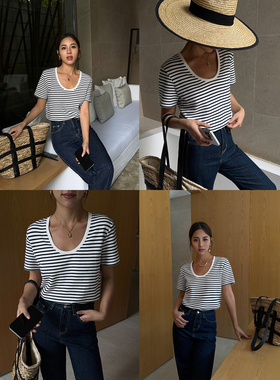 NEVA HU 条纹U领短袖t恤女春夏新款宽松韩版百搭休闲v领上衣