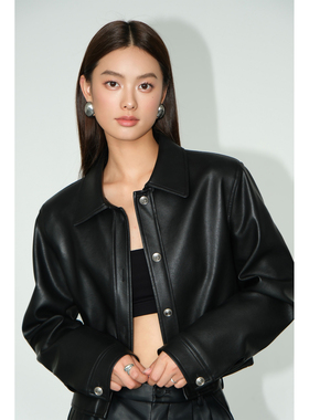 NEVA HU【现货6折】黑色美式短款pu皮衣外套女高级感炸街机车夹克