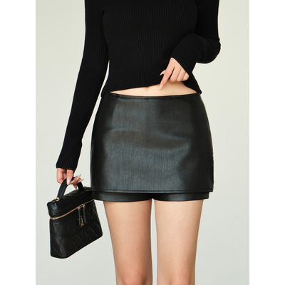 NEVA HU 伯斯尤物 时髦PU皮短裙女设计感防走光裙裤a字包臀半身裙