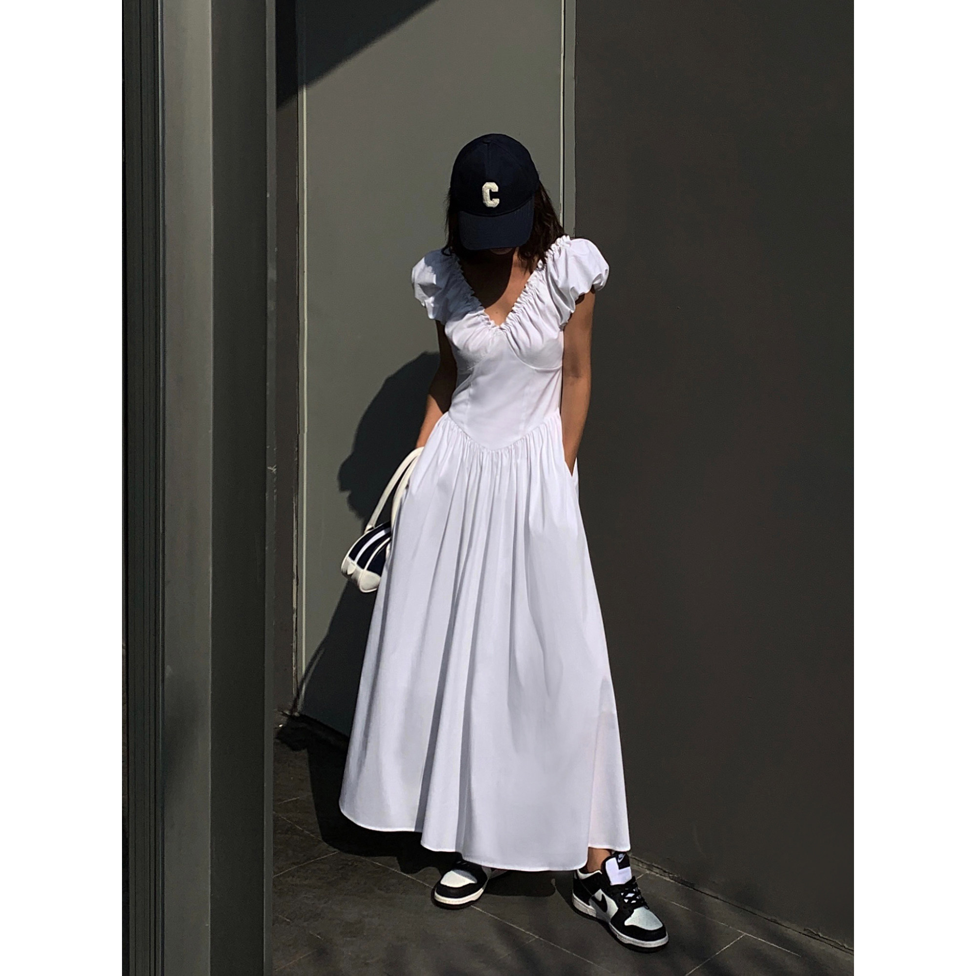 女夏新款泡泡袖中长款裙子