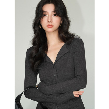 NEVA HU 灰色V领长袖针织衫女秋季修身显瘦内搭设计感打底衫上衣