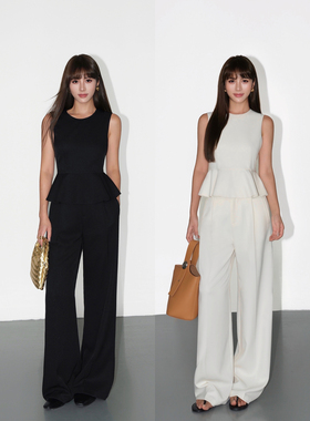 NEVA HU高级感套装女气质背心小衫荷叶边无袖上衣高腰阔腿休闲裤