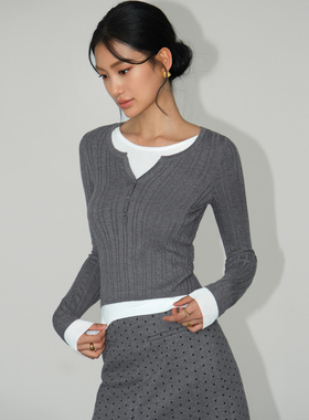 NEVA HU 【现货6.5折】层次感穿搭 撞色假两件长袖针织衫气质上衣