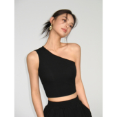 NEVA 上衣 显瘦露肩短款 HU黑色单肩斜领修身 带胸垫背心T恤设计夏季