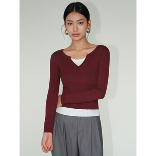 假两件长袖 现货7折 针织衫 女秋修身 上衣 NEVA 撞色V领打底衫