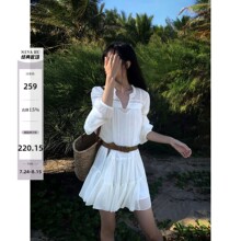 NEVA HU法式白色衬衫连衣裙女度假风夏季新款宽松长袖小个子短裙