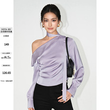 NEVA HU 高级感缎面斜肩长袖衬衫女露肩设计感气质飘带短款上衣