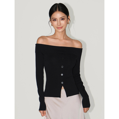 NEVA HU 一字肩针织衫女高级感chic韩系优雅修身露肩长袖t恤上衣