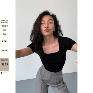 t恤女修身 黑色方领短袖 夏季 新款 NEVA 紧身显瘦内搭打底衫