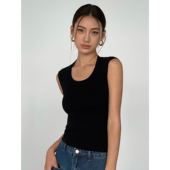 显瘦无袖 NEVA 百搭上衣 t恤女夏季 修身 黑色U领针织短袖