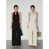 HU老钱风V领挂脖无袖 连体裤 女性感露背收腰连衣裤 NEVA 阔腿休闲裤