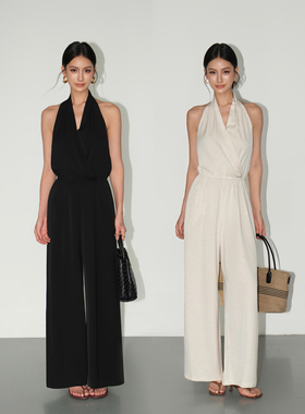 NEVA HU老钱风V领挂脖无袖连体裤女性感露背收腰连衣裤阔腿休闲裤