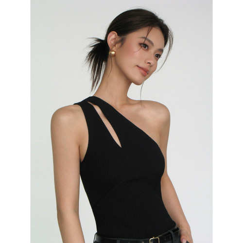 NEVA HU 镂空斜肩吊带背心女单肩修身设计感气质无袖露肩针织上衣