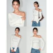 斜肩长袖 美肩滤镜 t恤女喇叭袖 针织衫 收腰露肩上衣 NEVA 修身