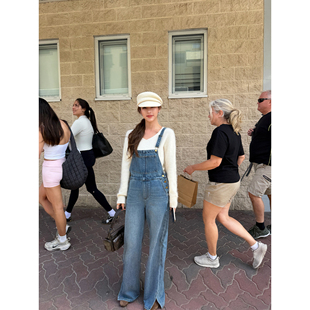 NEVA HU【现货7.5折】汉普顿假日 直筒牛仔背带裤女开叉阔腿长裤