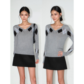 NEVA 女复古时髦休闲打底上衣 撞色菱格纹V领针织衫 英伦学派