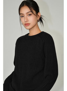 NEVA HU黑色圆领毛衣女宽松2025秋冬新款韩版长袖百搭套头针织衫