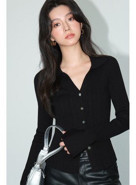NEVA HU 长期旅途 黑色V领针织开衫女修身设计感喇叭袖打底衫上衣