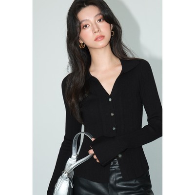 NEVA HU 长期旅途 黑色V领针织开衫女修身设计感喇叭袖打底衫上衣