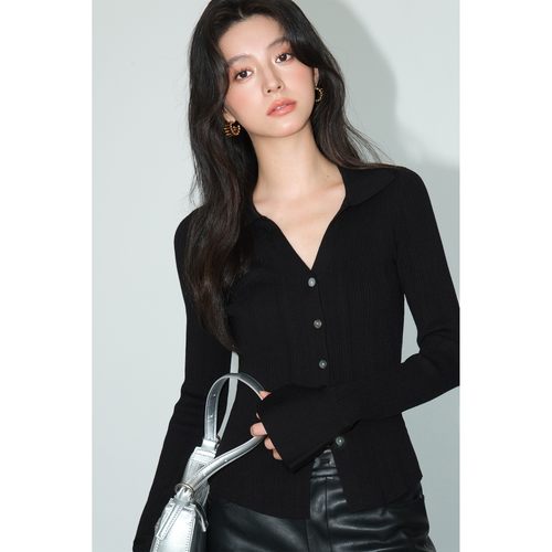 NEVA HU 长期旅途 黑色V领针织开衫女修身设计感喇叭袖打底衫上衣