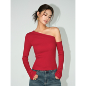 显瘦露肩短款 NEVA 上衣 针织打底衫 T恤女秋季 黑色单肩斜领修身