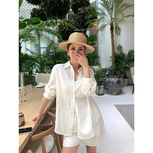 NEVA HU 雅痞基调 老钱风莱赛尔亚麻长袖衬衫女宽松休闲短裤套装