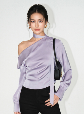 NEVA HU 高级感缎面斜肩长袖衬衫女露肩设计感气质飘带短款上衣