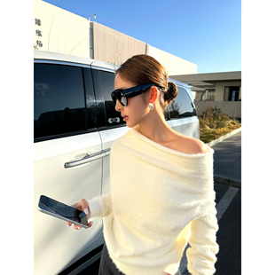 NEVA HU 迷人法则 仿貂毛一字肩毛衣女高级感慵懒露肩毛毛上衣