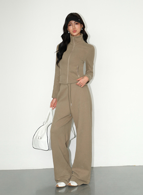 NEVA HU灰色休闲加绒卫裤阔腿裤女松紧腰抽绳裤子宽松拖地长裤