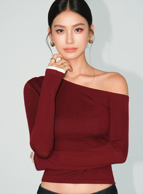 NEVA HU 摩登基因|设计感斜肩长袖t恤针织衫女修身气质露肩上衣