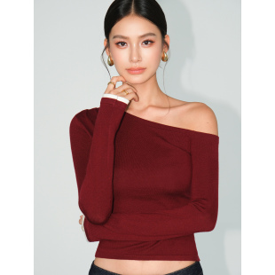 女修身 摩登基因 t恤针织衫 气质露肩上衣 设计感斜肩长袖 NEVA