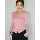 收褶长袖 NEVA 打底上衣 针织衫 女气质修身 HU极简share 柔软V领短款