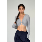 HU黑色V领性感辣妹上衣女设计感秋季 长袖 打底衫 NEVA 短款 露脐T恤