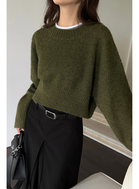 NEVA HU蓝色短款毛衣女宽松外穿2024秋冬新款百搭套头针织上衣