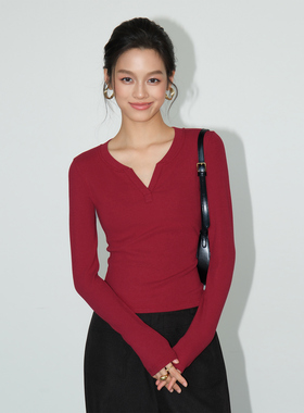 NEVA HU黑色V领针织t恤女2025秋冬修身圆领长袖内搭打底衫上衣