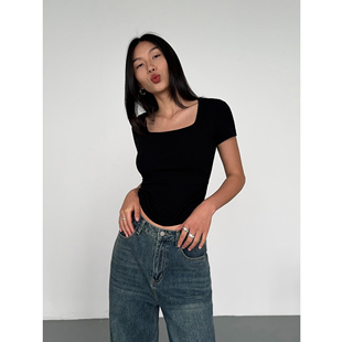 上衣女修身 现货6折 短款 锁骨内搭正肩T恤 黑色方领短袖 NEVA