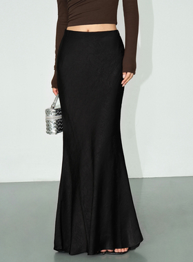 NEVA HU 黑色设计感缎面半身裙女2025修身显瘦高腰气质鱼尾裙长款