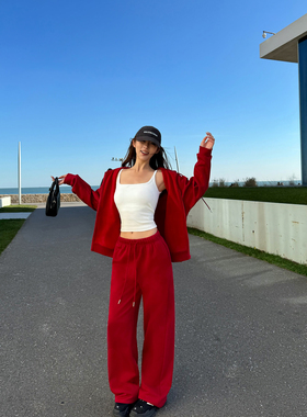 NEVA HU幕后玩家 红色连帽拉链加绒卫衣女宽松阔腿直筒裤休闲套装