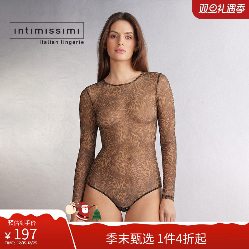 Intimissimi意舒漫性感豹纹印花薄纱拼接长袖连体衣BO2561B