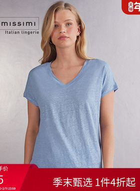 Intimissimi意舒漫女士舒适简约纯色V领亚麻短袖打底T恤CM164W