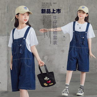 夏季女童背带裤韩版中大童女孩学生洋气时尚休闲牛仔裤中短裤子